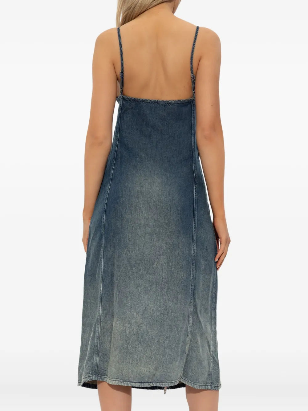 zip-up denim midi dress