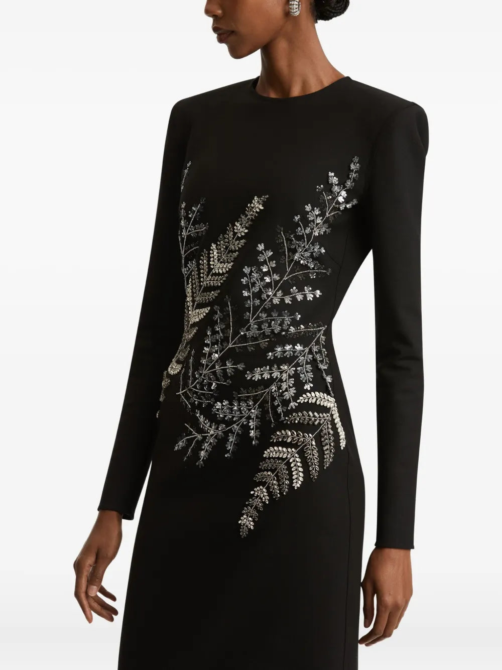 fern-embroidered long-sleeve gown
