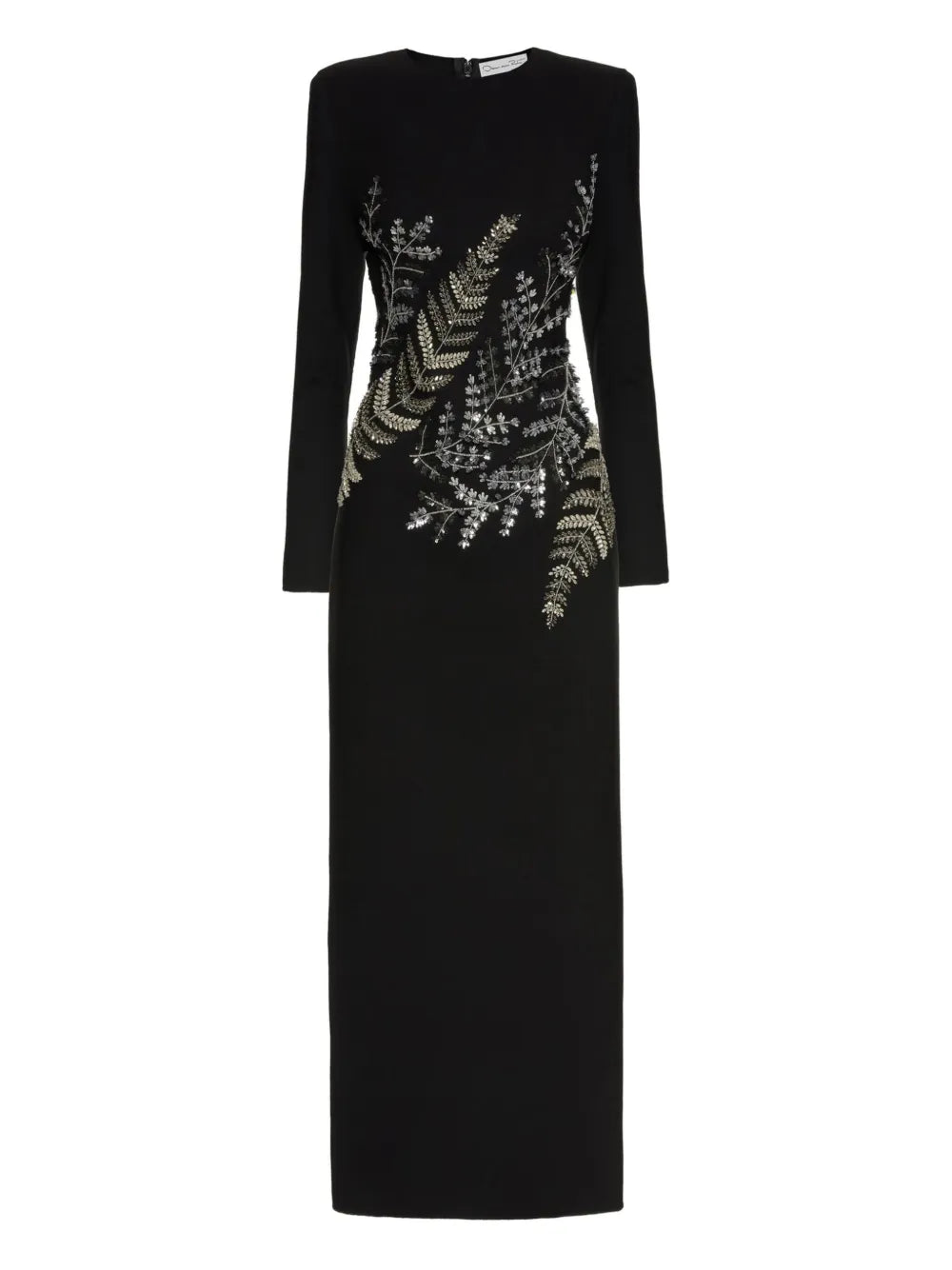 fern-embroidered long-sleeve gown