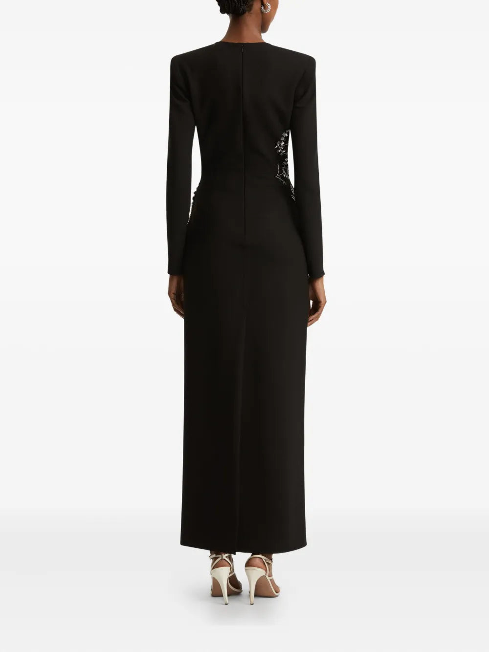 fern-embroidered long-sleeve gown