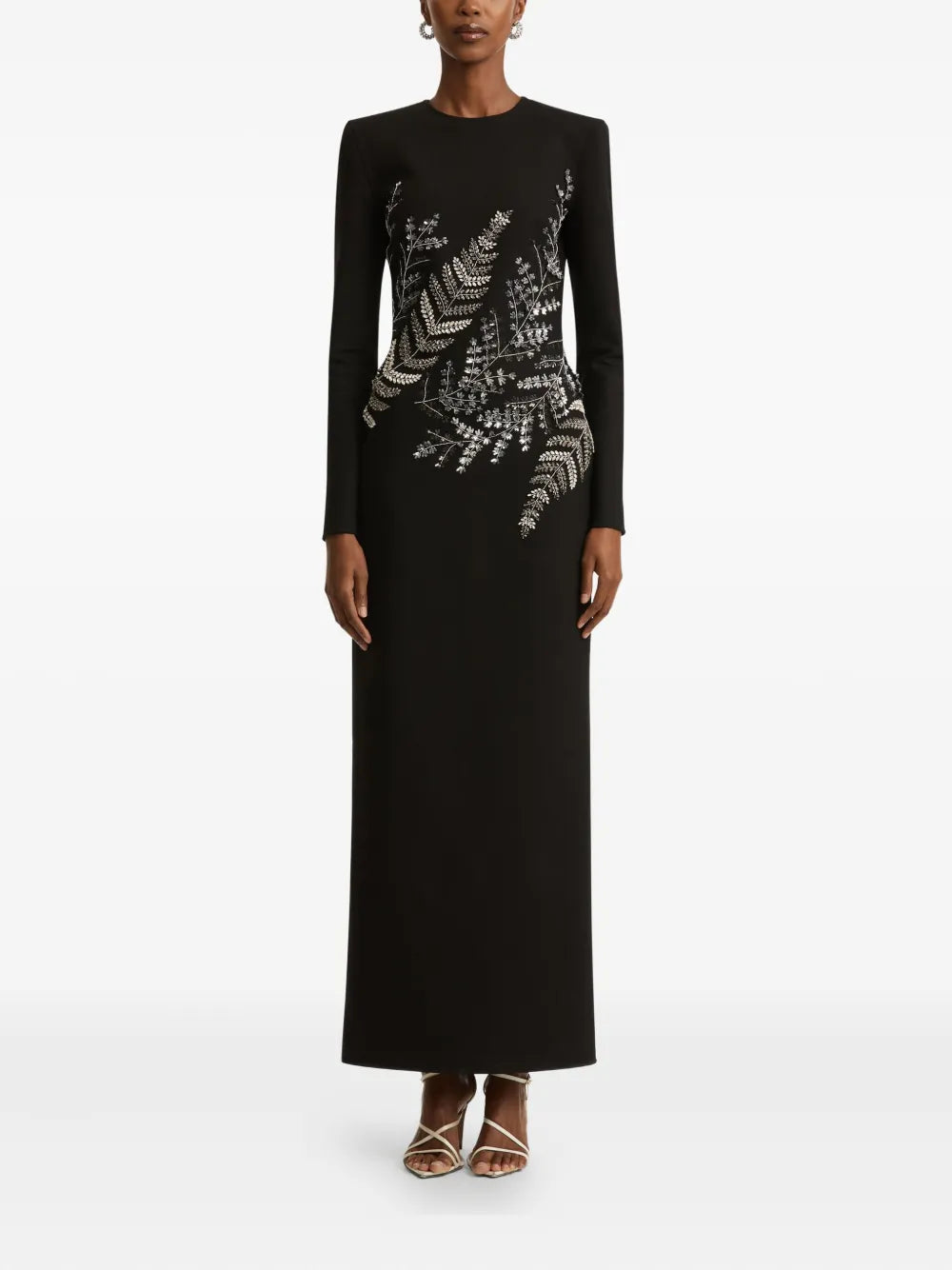 fern-embroidered long-sleeve gown