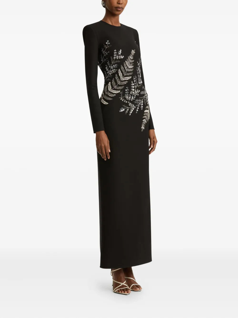 fern-embroidered long-sleeve gown