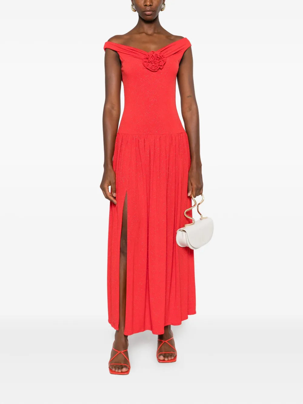 rose-embellished pleated maxi dress