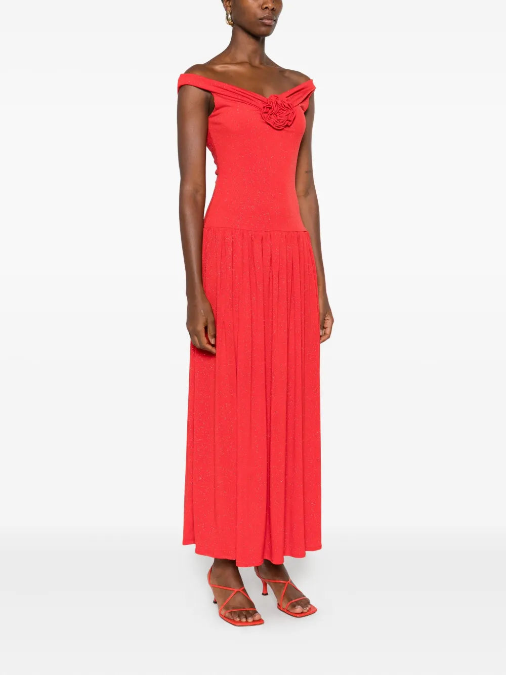 rose-embellished pleated maxi dress