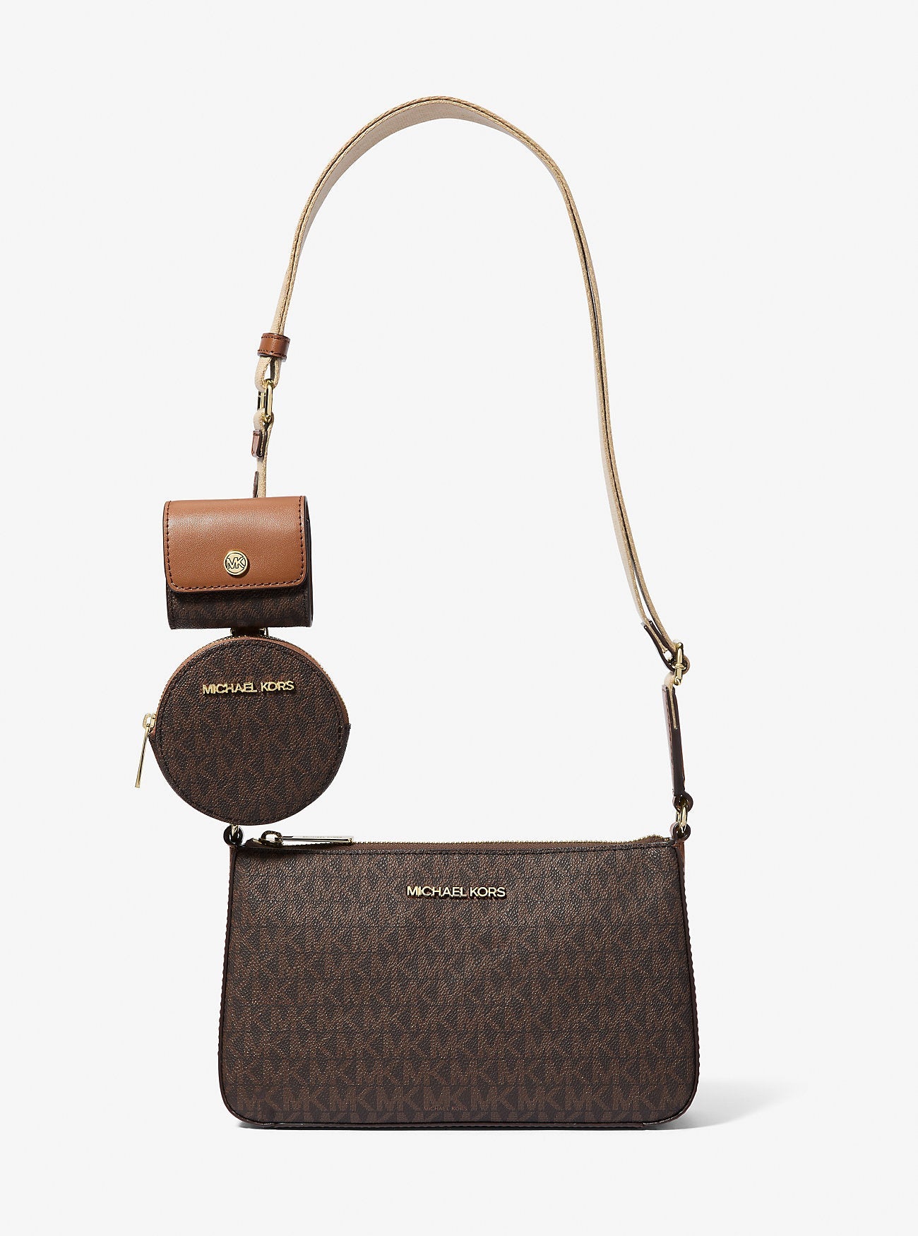 Michael Kors Carson Medium Signature Logo Convertible Bucket Crossbody Bag Brown