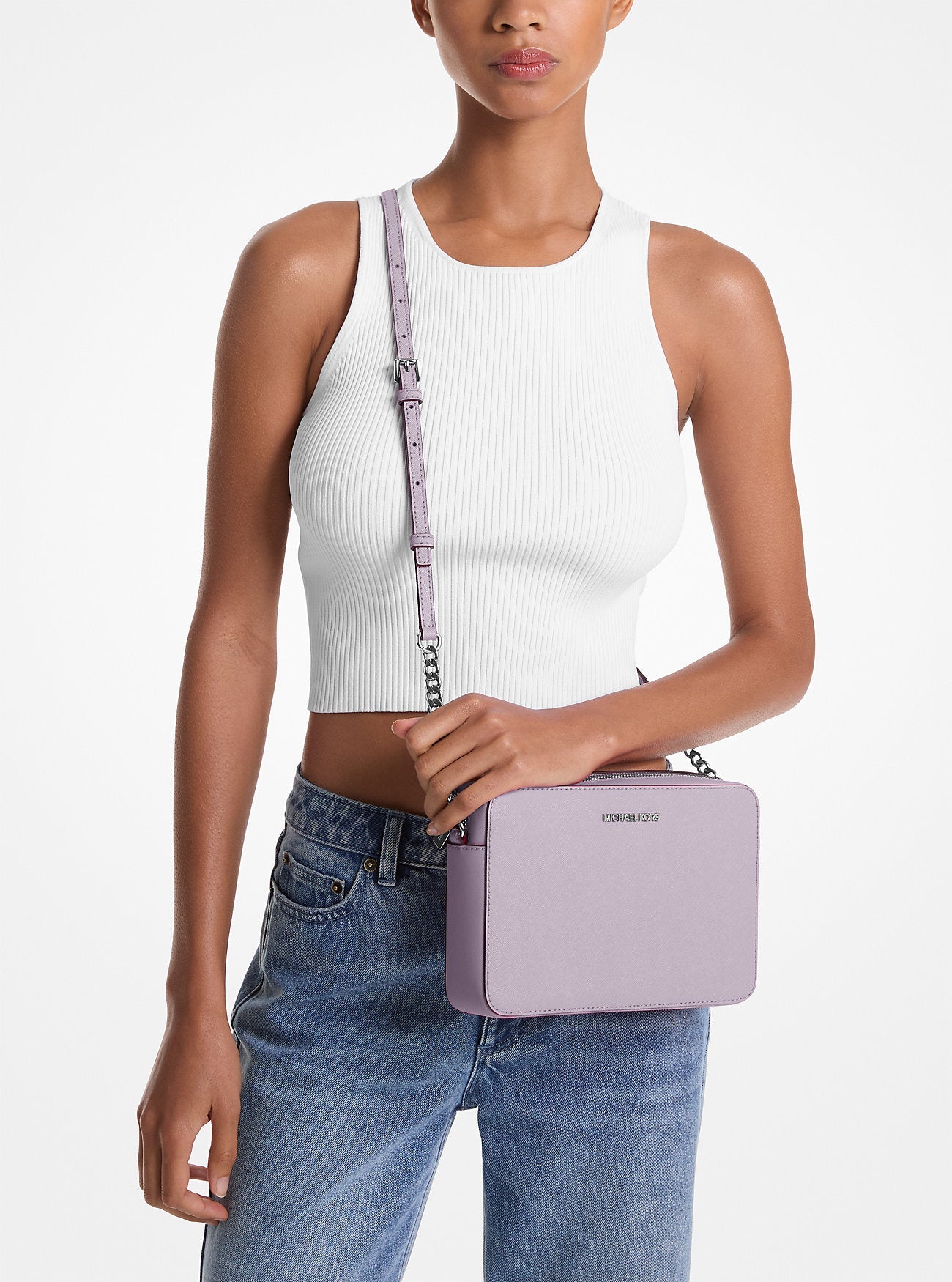 Michael Kors Jet Set Large Saffiano Leather Crossbody Bag Lt Quartz