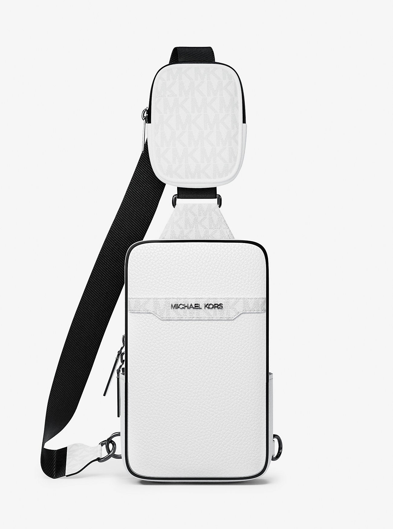 Michael Kors Cooper Medium Pebbled Leather and Signature Logo Sling Pack with Pouch Bright Wht