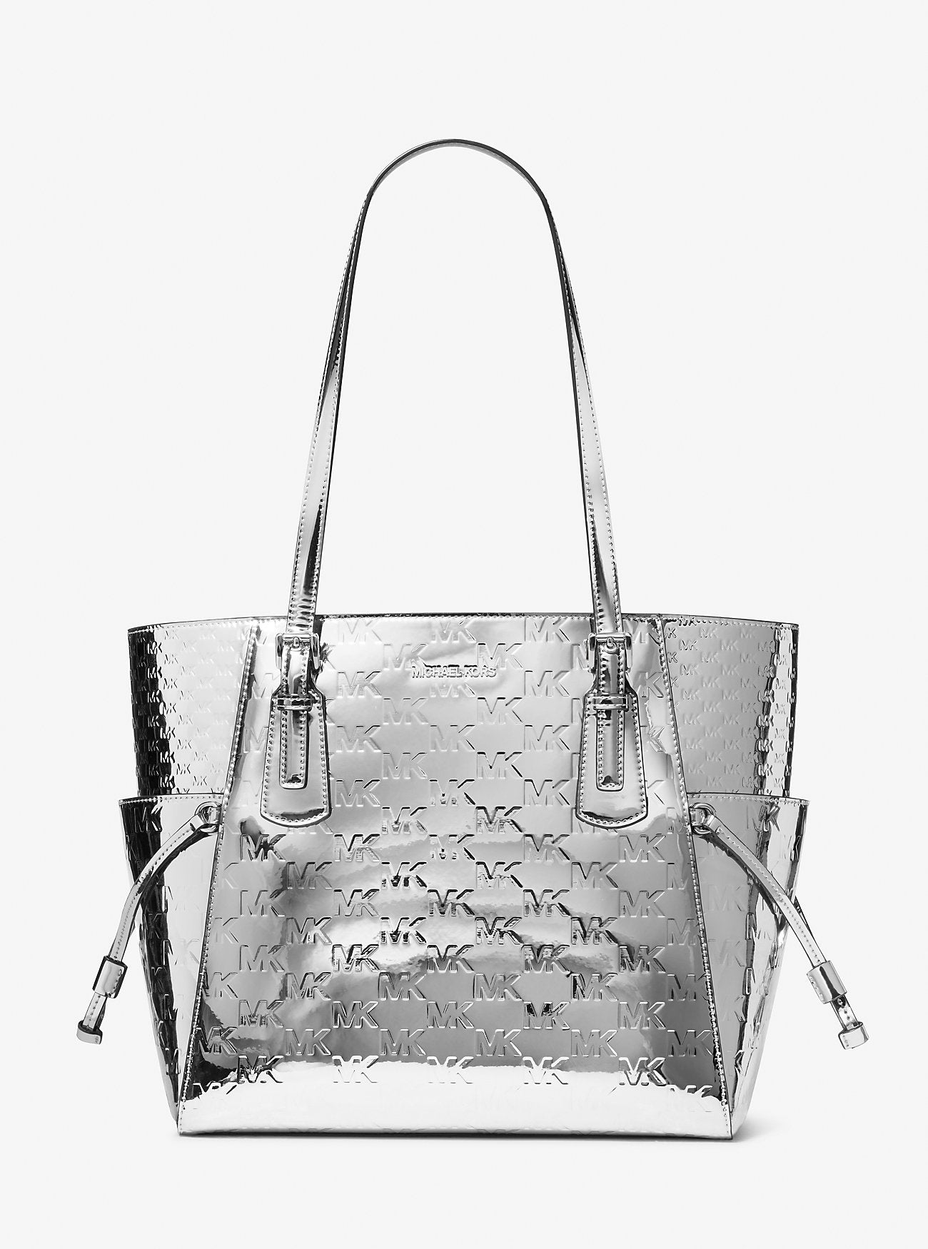 Michael Kors Voyager Large Patent Logo Debossed Tote Bag Silver