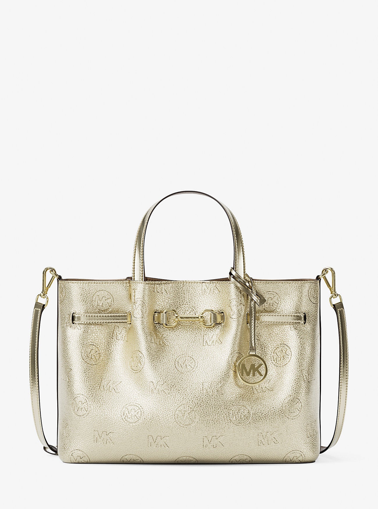 Michael Kors Carson Medium Metallic Logo Debossed Satchel Pale Gold