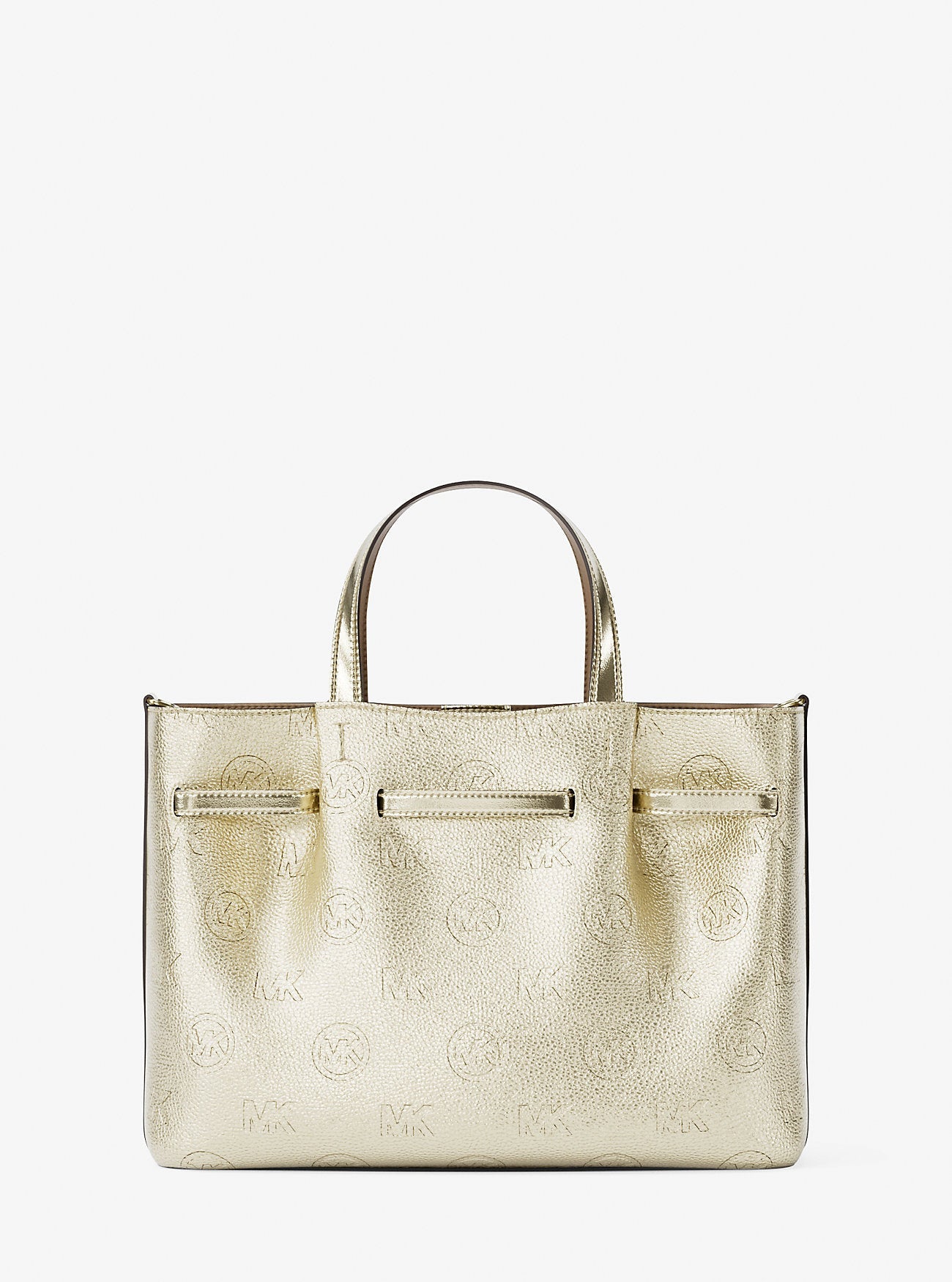 Michael Kors Carson Medium Metallic Logo Debossed Satchel Pale Gold