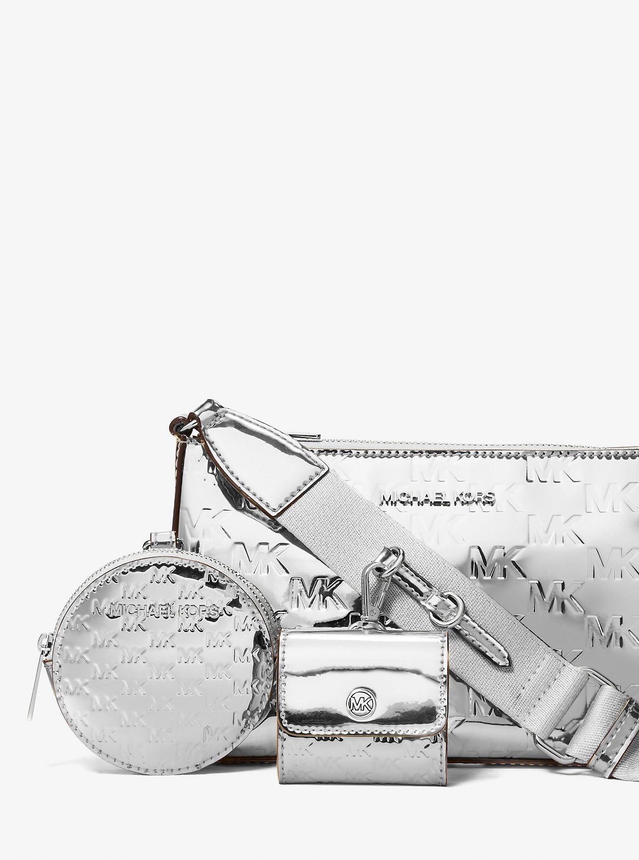 Michael Kors Jet Set Small Patent Logo Debossed Crossbody Bag with Case for Apple Airpods Pro® Silver