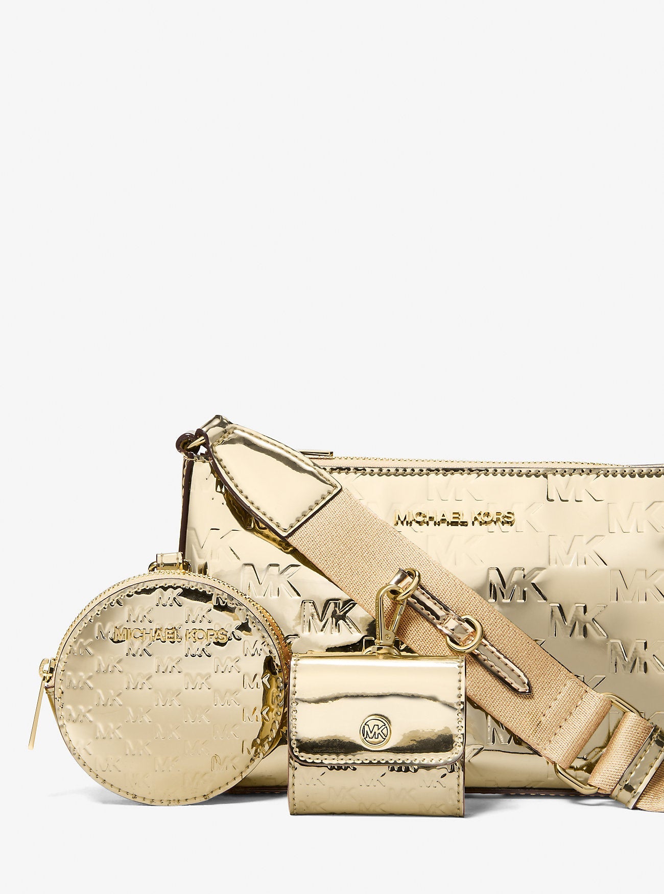 Michael Kors Jet Set Small Metallic Logo Debossed Crossbody Bag with Case for Apple Airpods Pro® Pale Gold