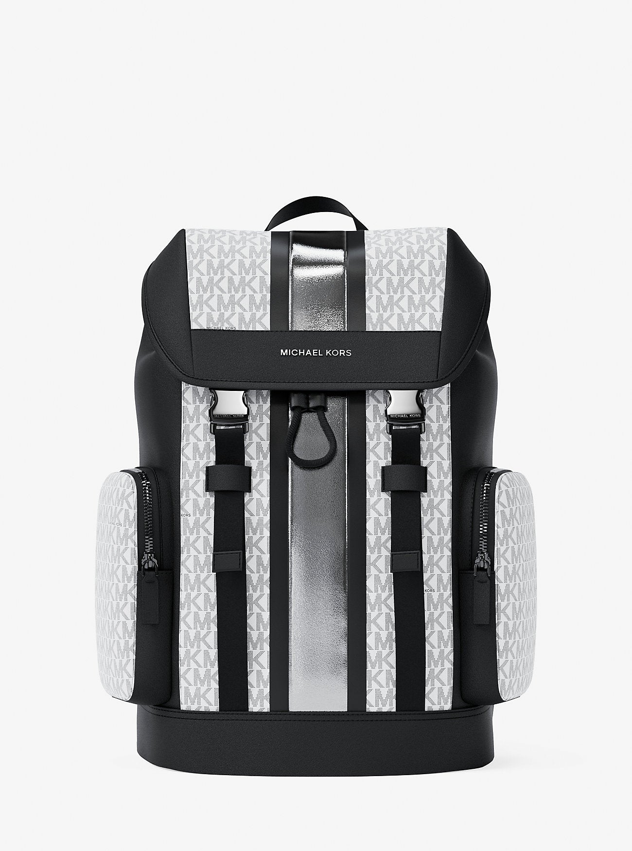 Michael Kors Cooper Metallic Striped Signature Logo Backpack Silver