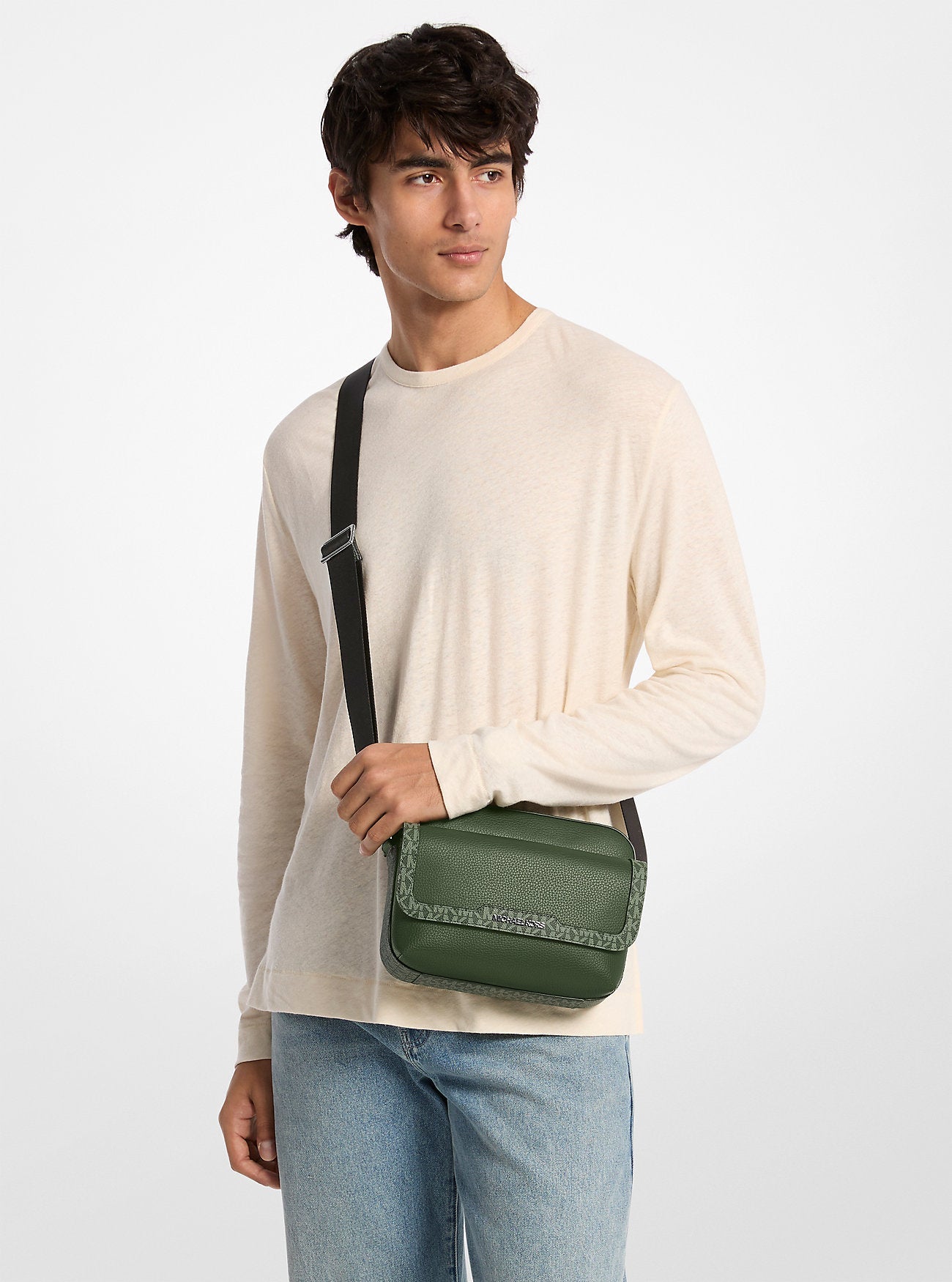 Michael Kors Cooper Medium Pebbled Leather and Signature Logo Camera Crossbody Bag Moss
