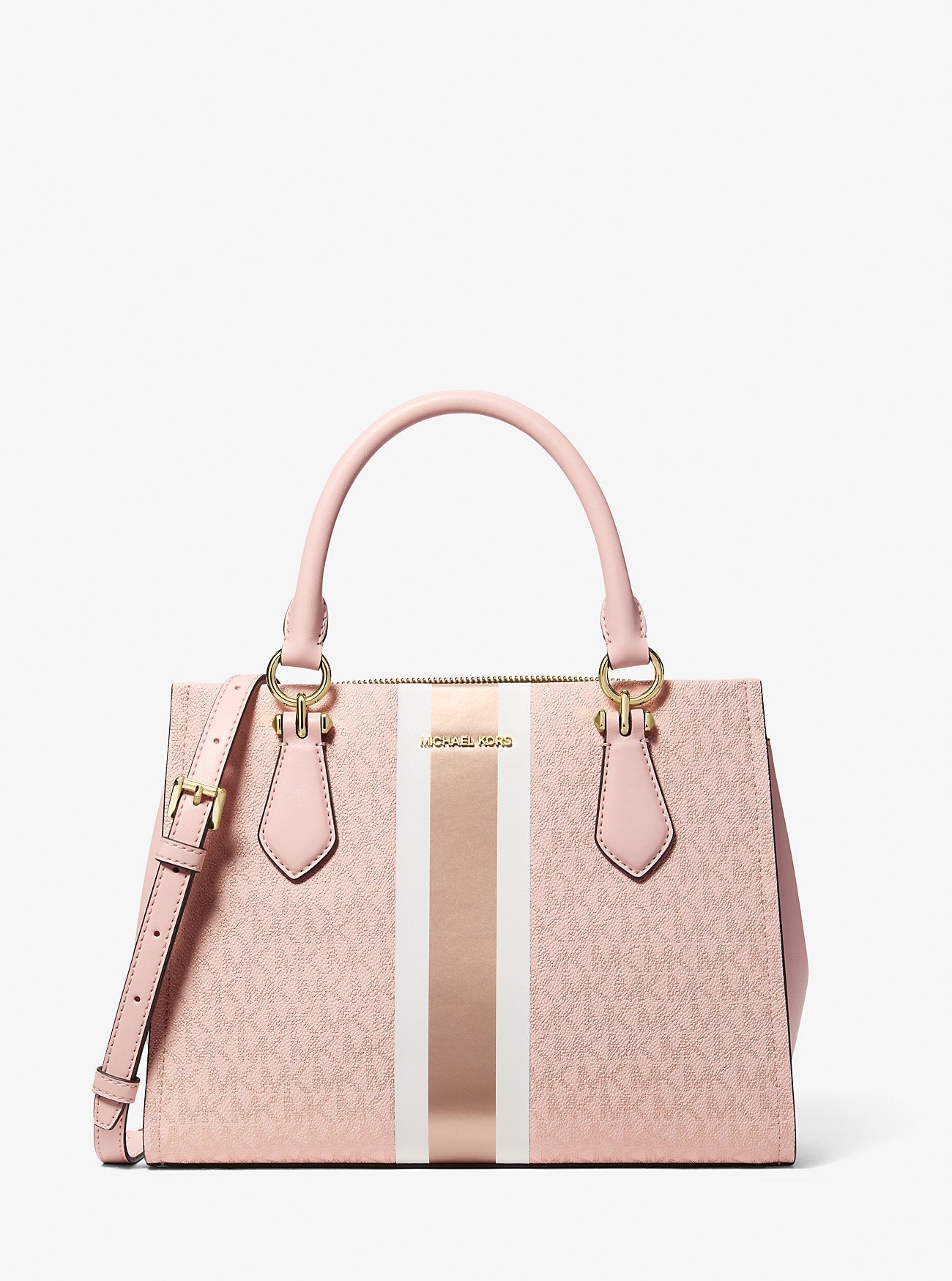 Michael Kors Marilyn Medium Signature Logo Stripe Satchel Powder Blush