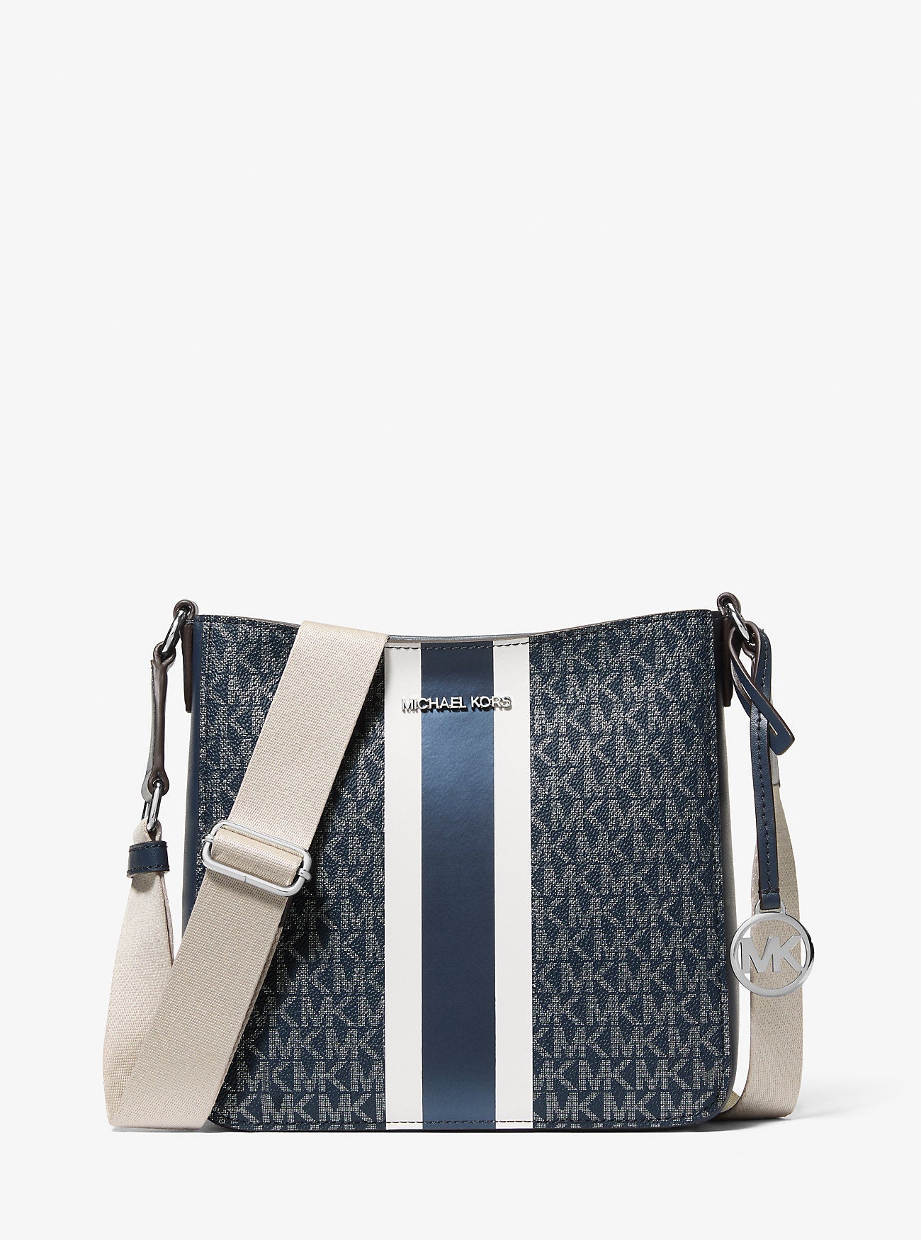 Michael Kors Jet Set Small Signature Logo Stripe Crossbody Bag Navy