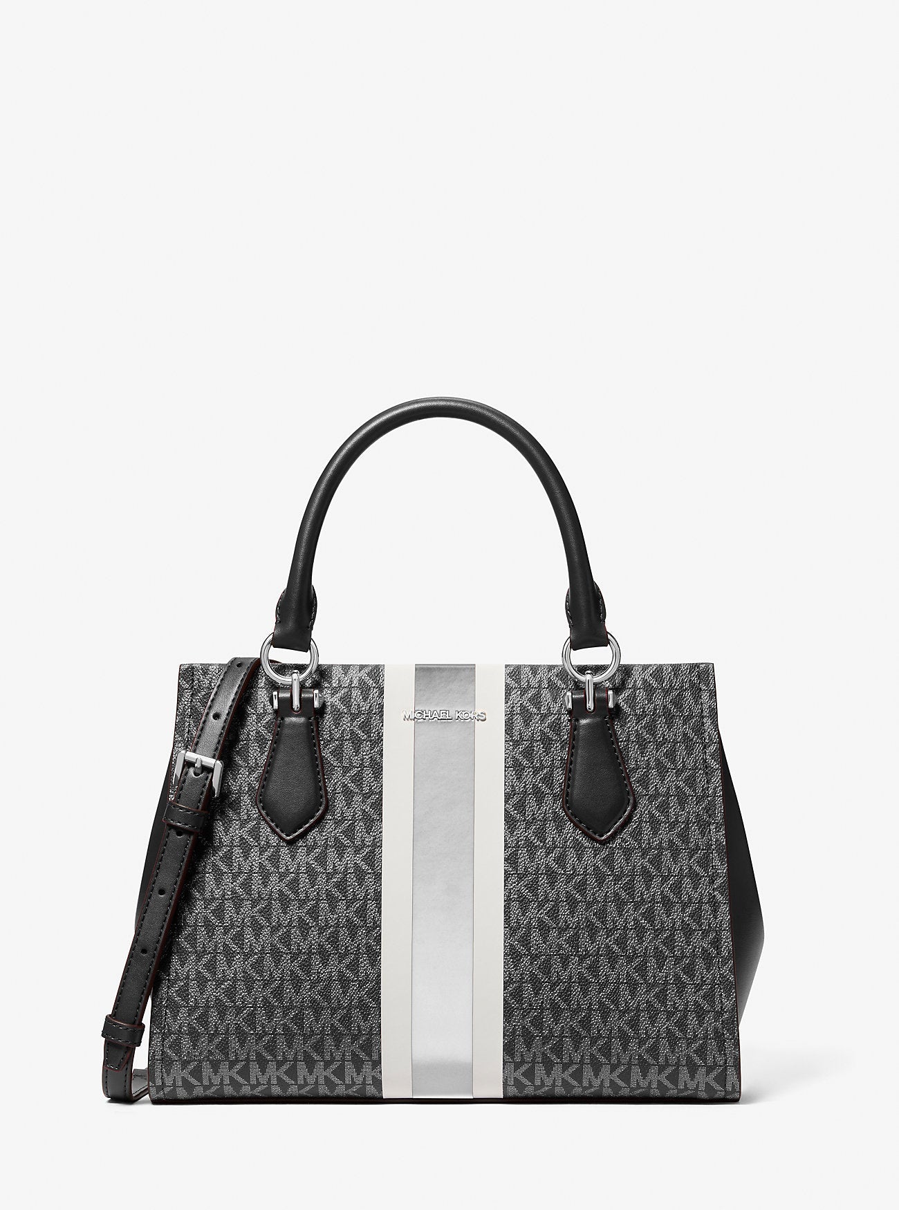 Michael Kors Marilyn Medium Signature Logo Stripe Satchel Black