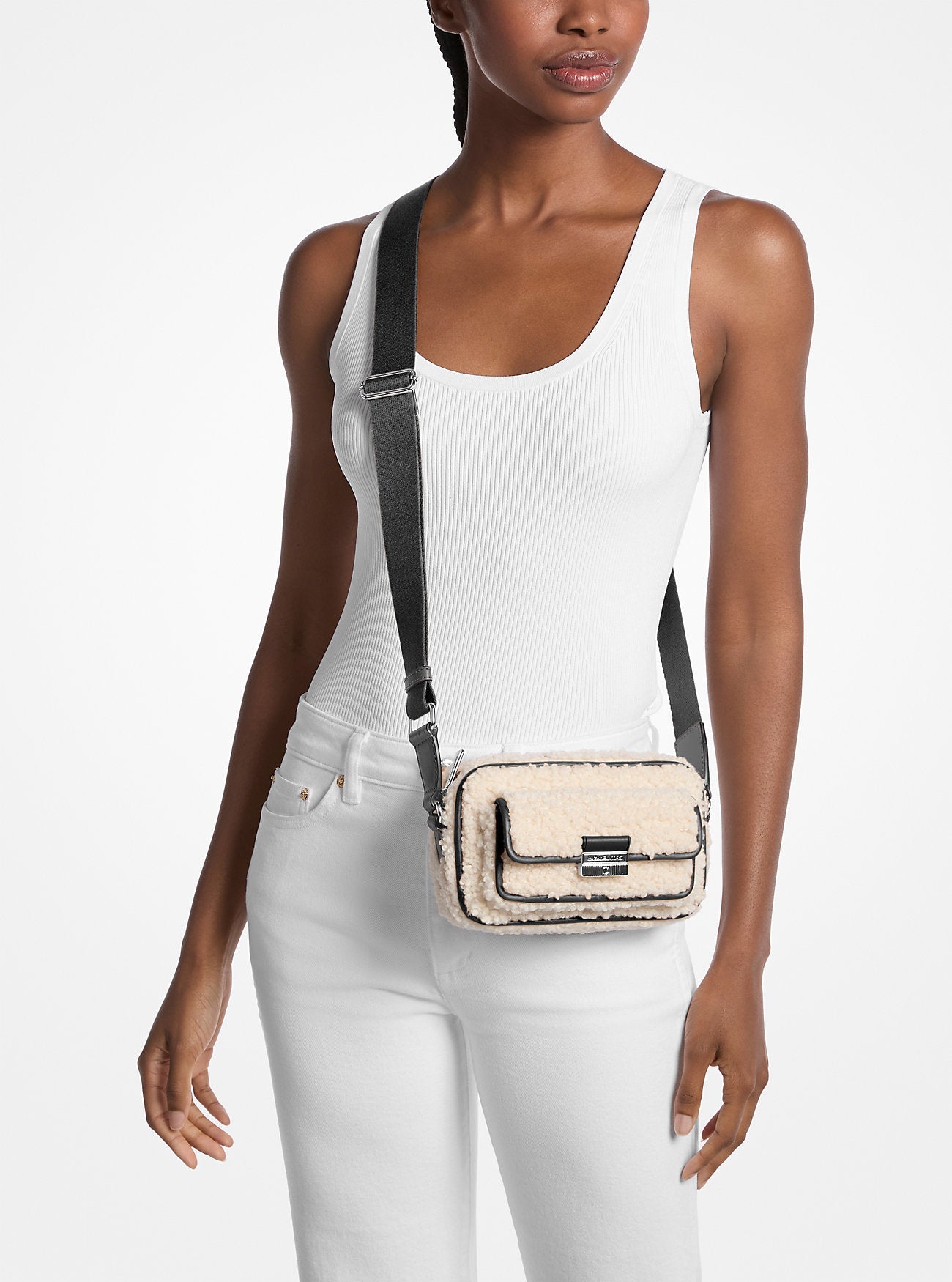 Michael Kors Bradshaw Extra-Small Faux Shearling Camera Crossbody Bag Black