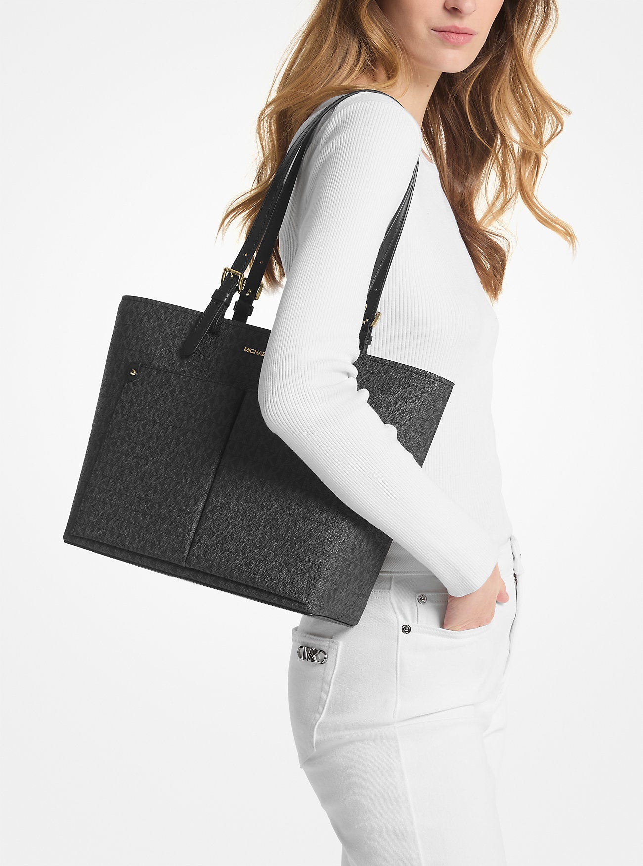Michael Kors Rhea Medium Metallic Signature Logo Backpack Black