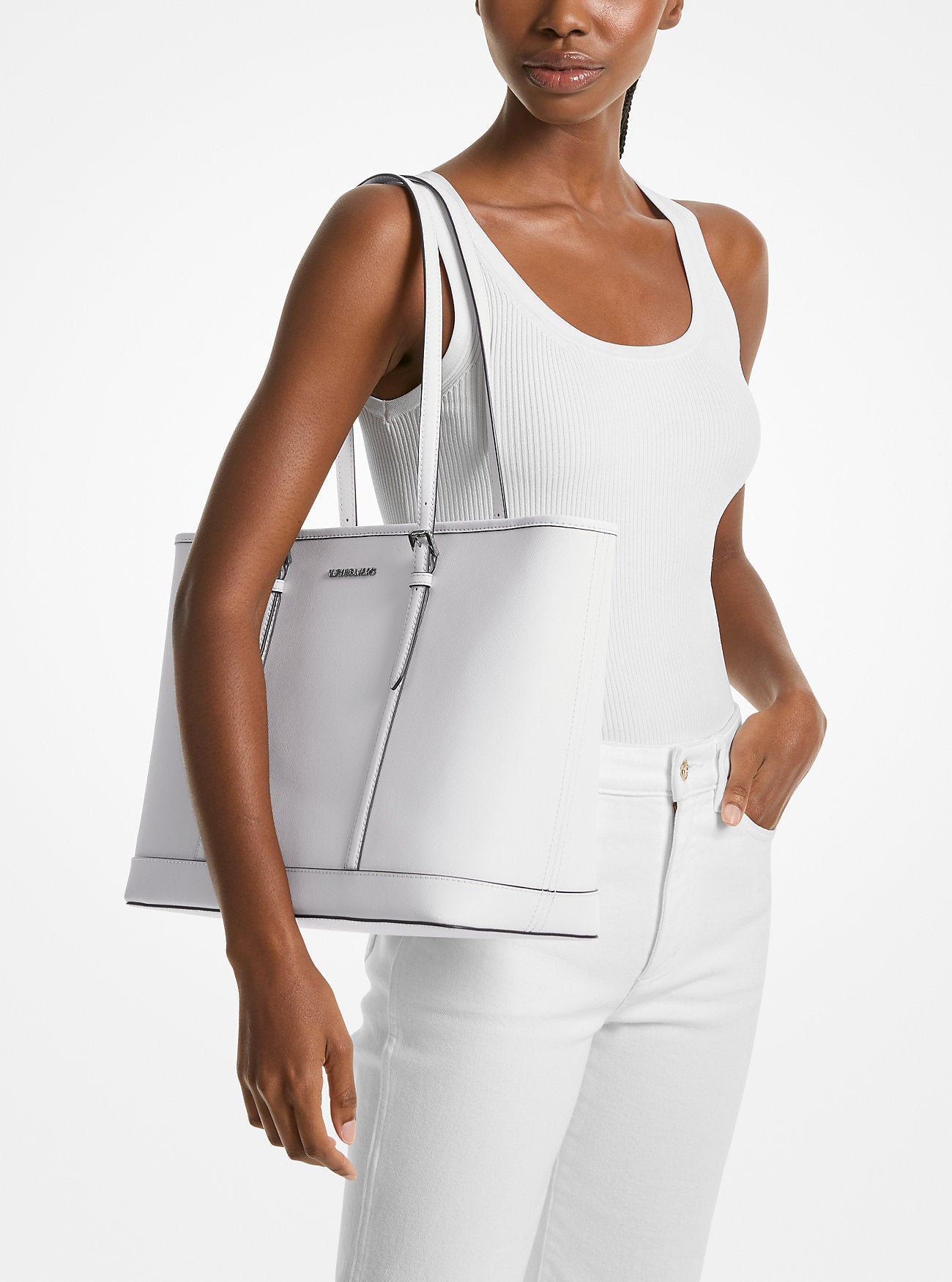 Michael Kors Jet Set Travel Large Saffiano Leather Tote Bag Optic White
