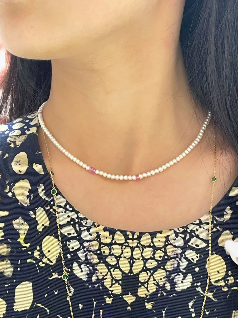 18K yellow gold Ayoka pearl and pink sapphire necklace