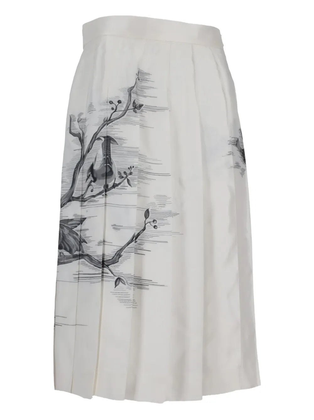 pleated bird-print midi skirt