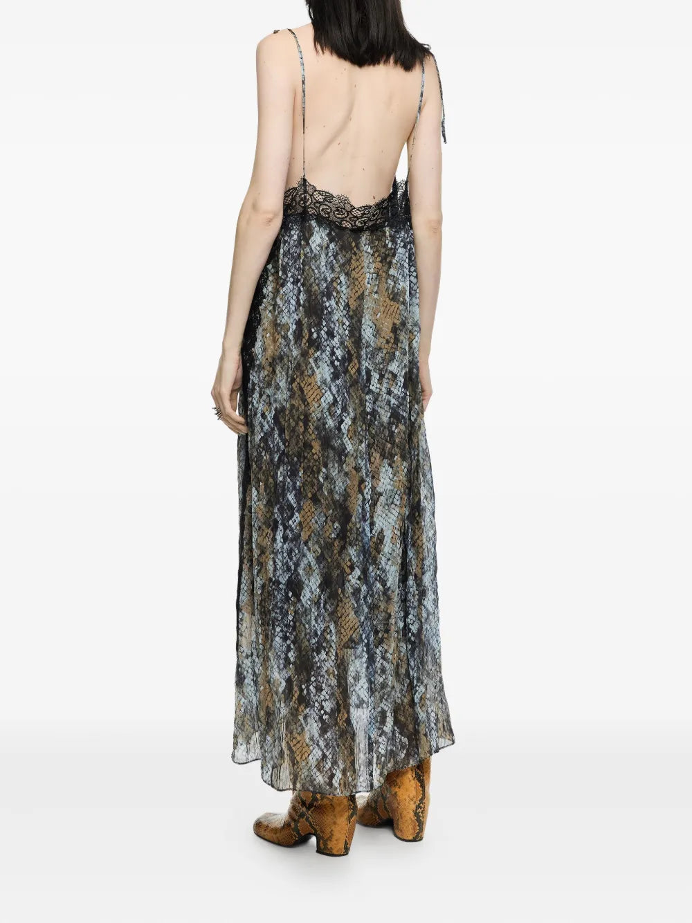 snake-print lace-trimmed midi dress