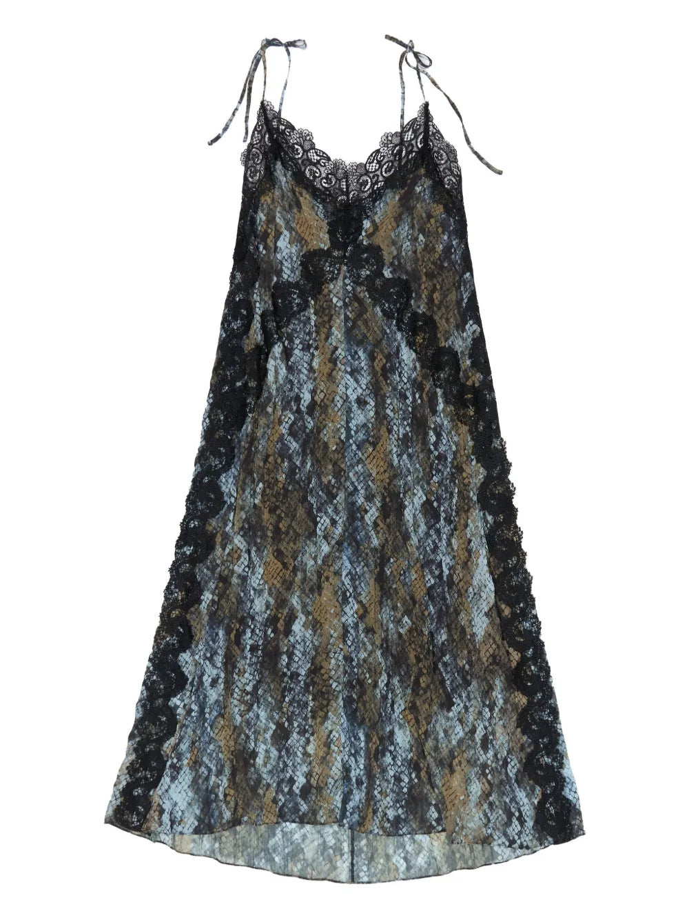 snake-print lace-trimmed midi dress