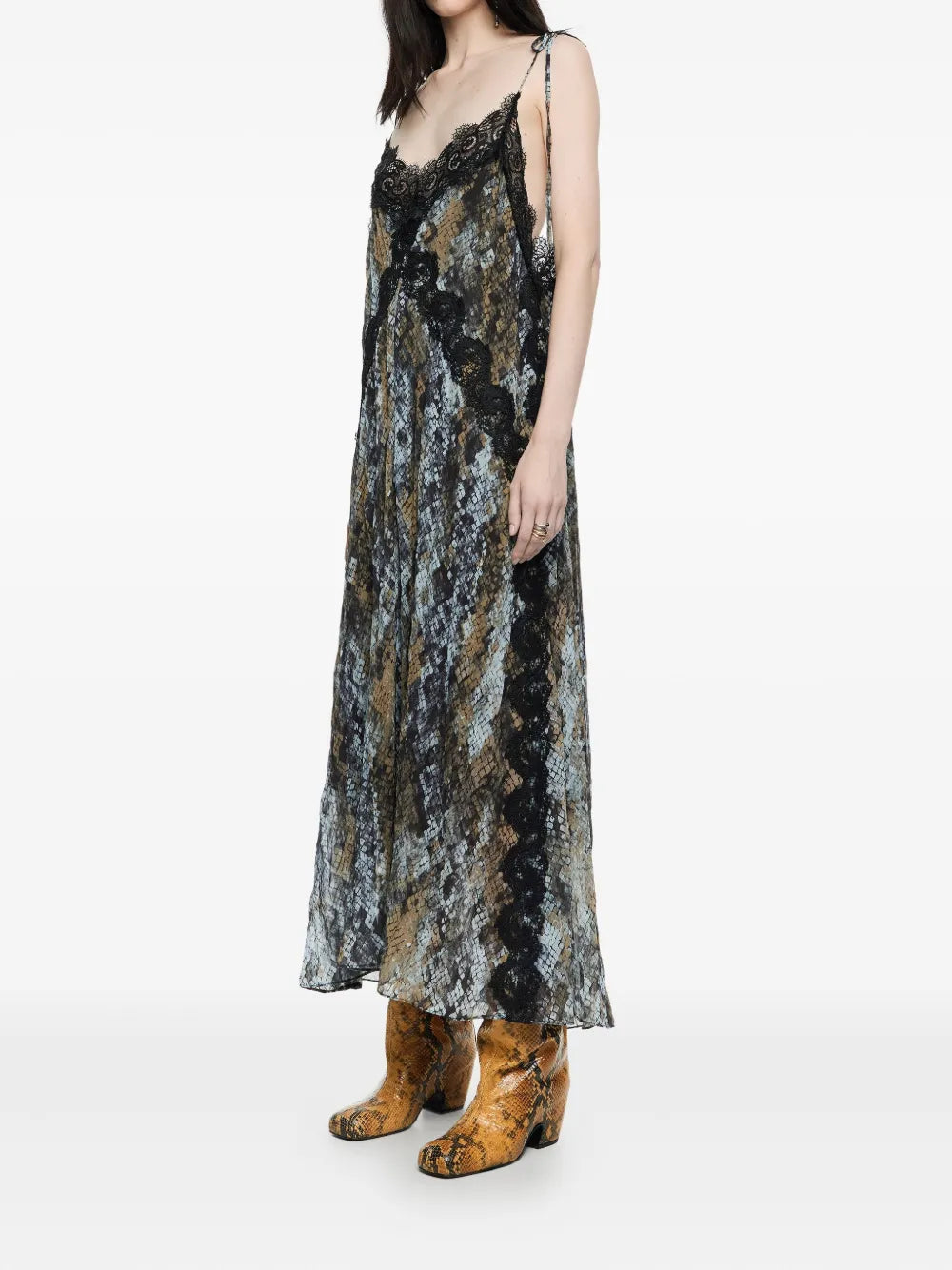 snake-print lace-trimmed midi dress