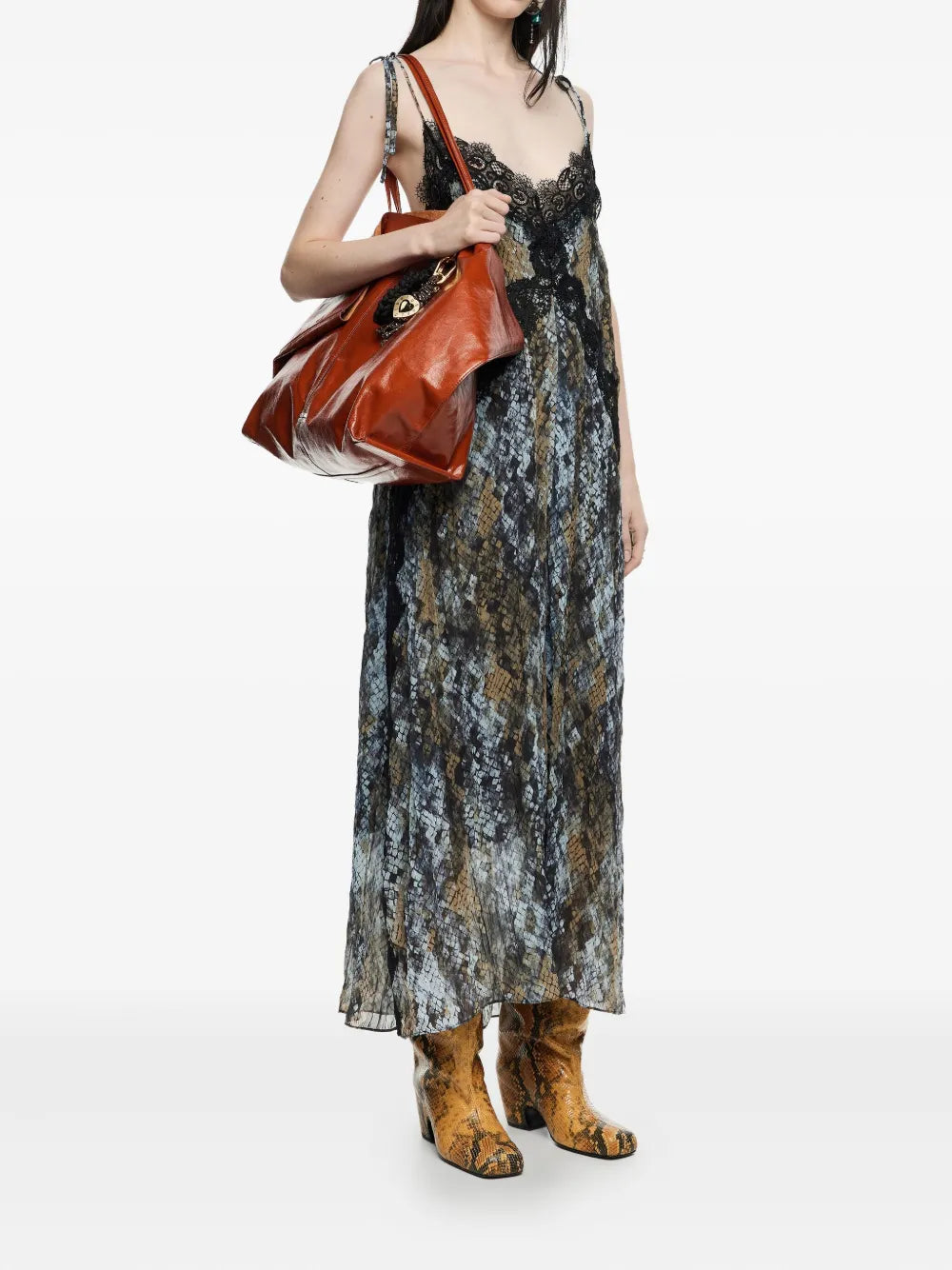 snake-print lace-trimmed midi dress