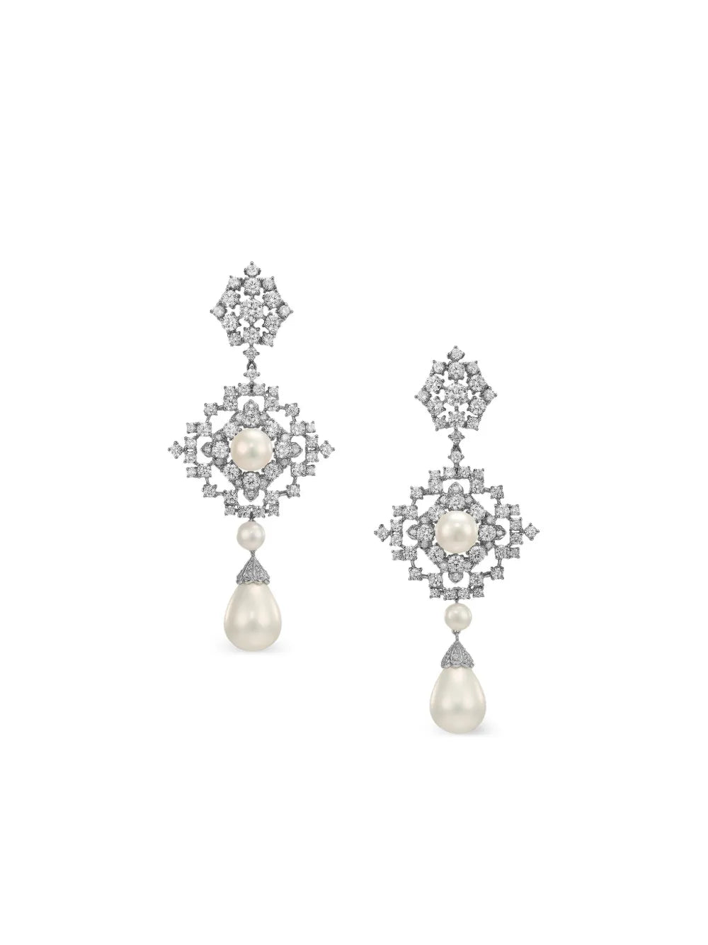 14K white gold and rhodium vermeil Pixelise pearl and diamond earrings