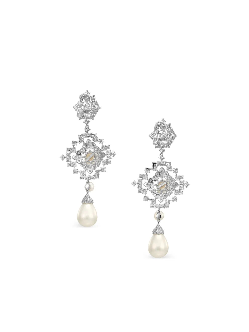 14K white gold and rhodium vermeil Pixelise pearl and diamond earrings
