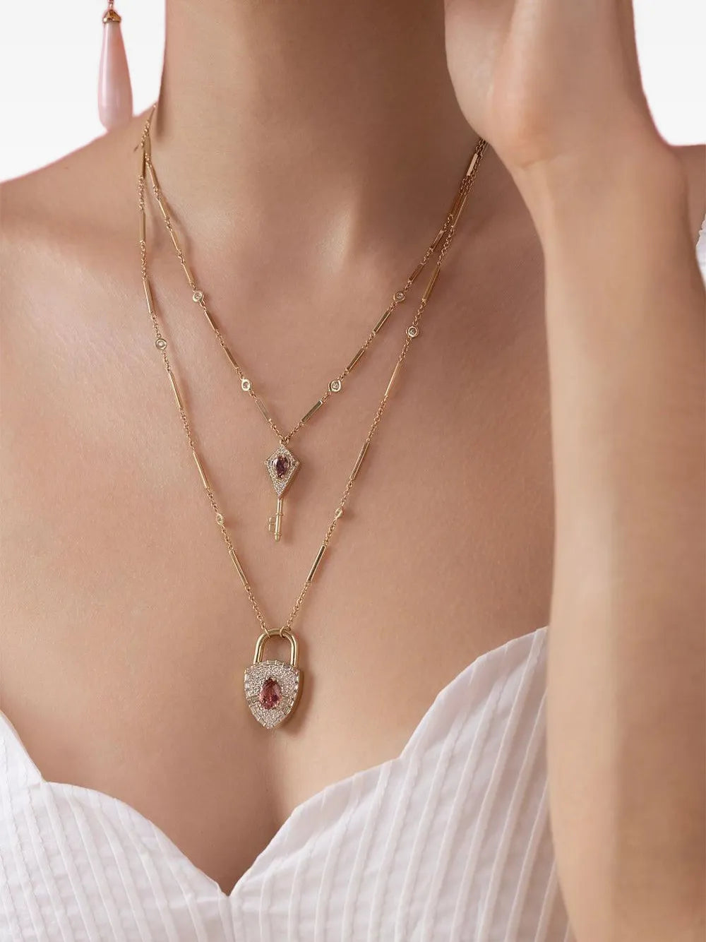 14K yellow gold pink tourmaline and diamond key pendant necklace