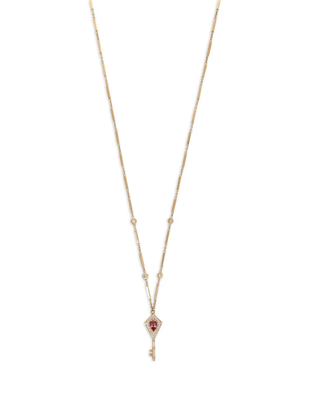 14K yellow gold pink tourmaline and diamond key pendant necklace