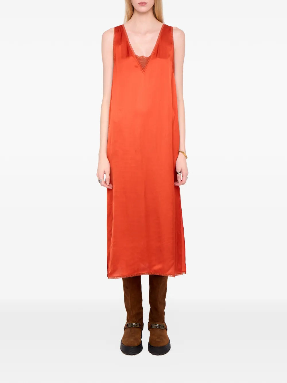 Renzo lace-detail satin midi dress