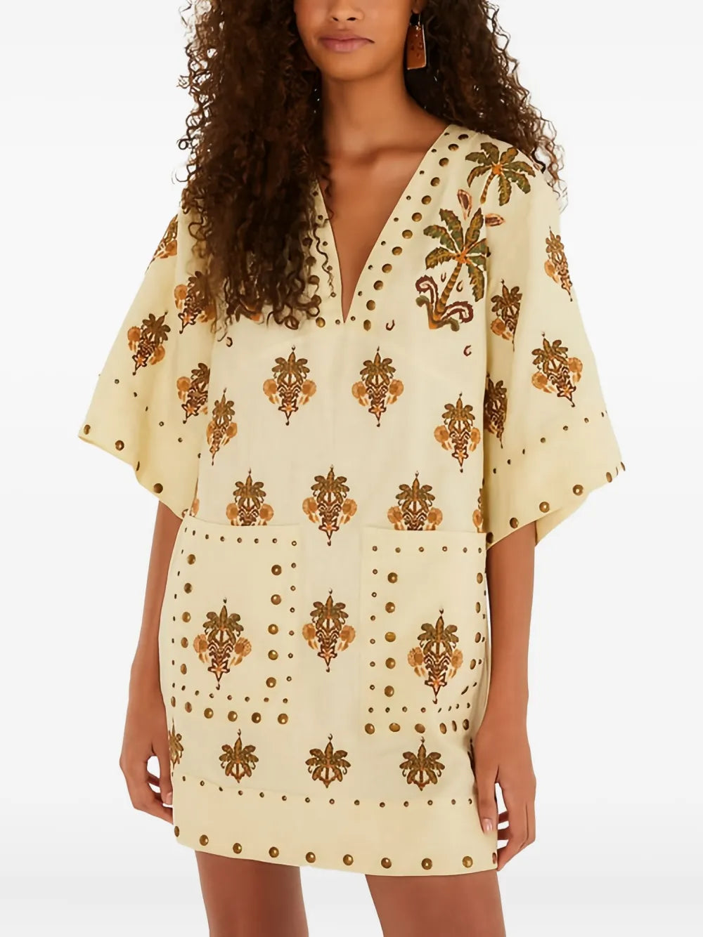 studded palm-print mini dress