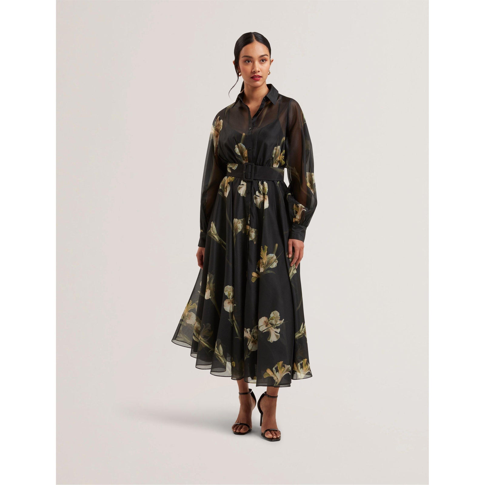 Liorral Printed Organza Belted Maxi Shirt Dress