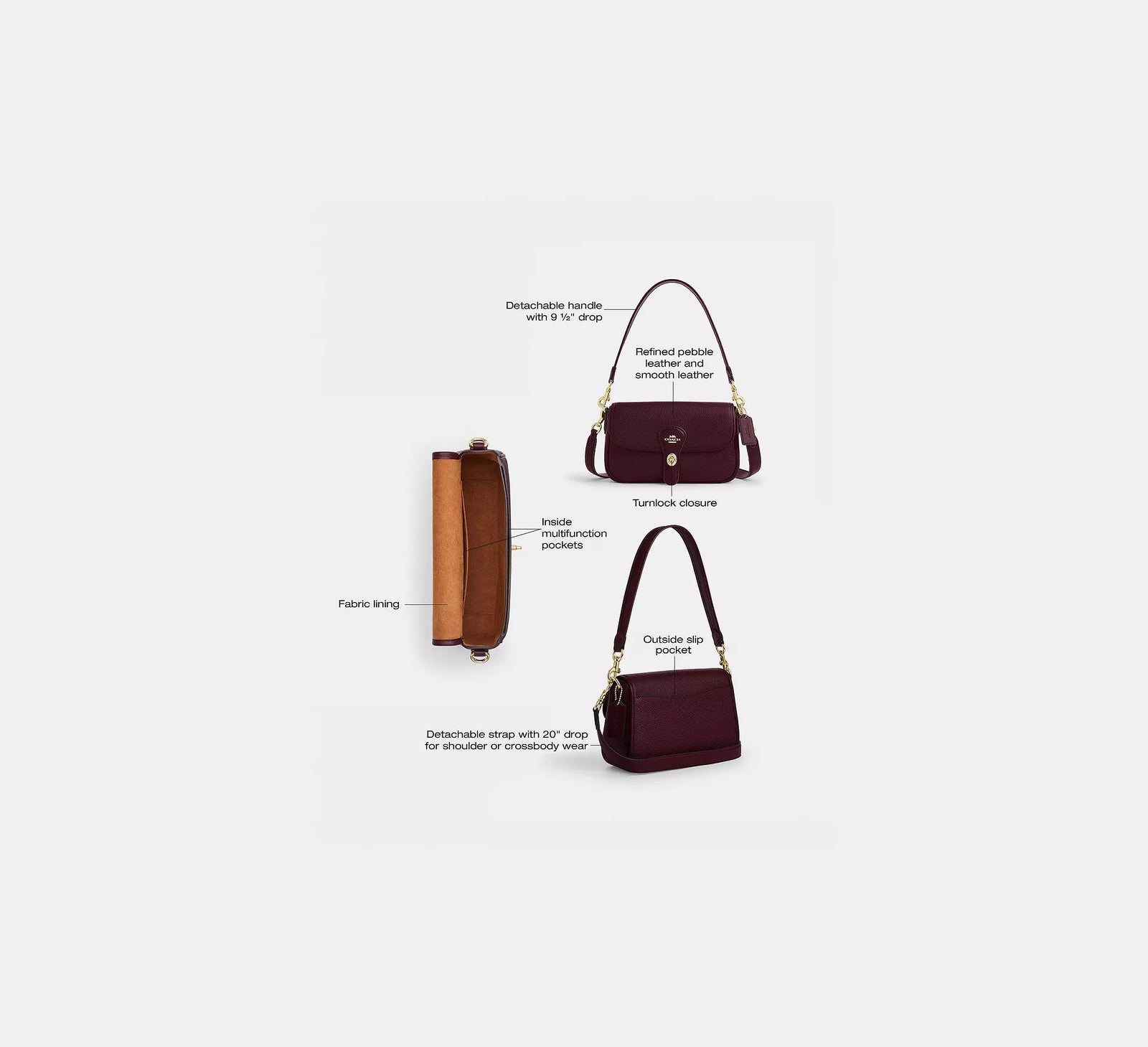 Hadley Shoulder Bag pebbled leather/Gold/Dark Wine