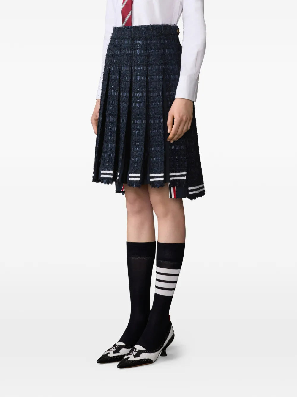 satin ribbon frayed pleated midi skirt