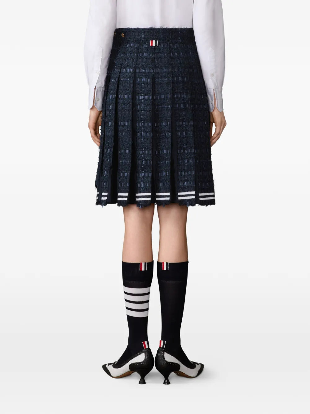 satin ribbon frayed pleated midi skirt