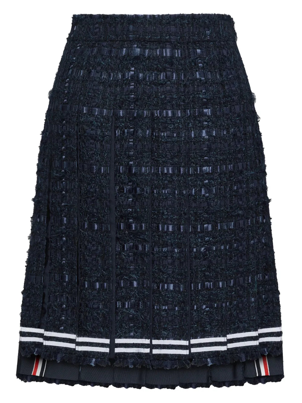 satin ribbon frayed pleated midi skirt