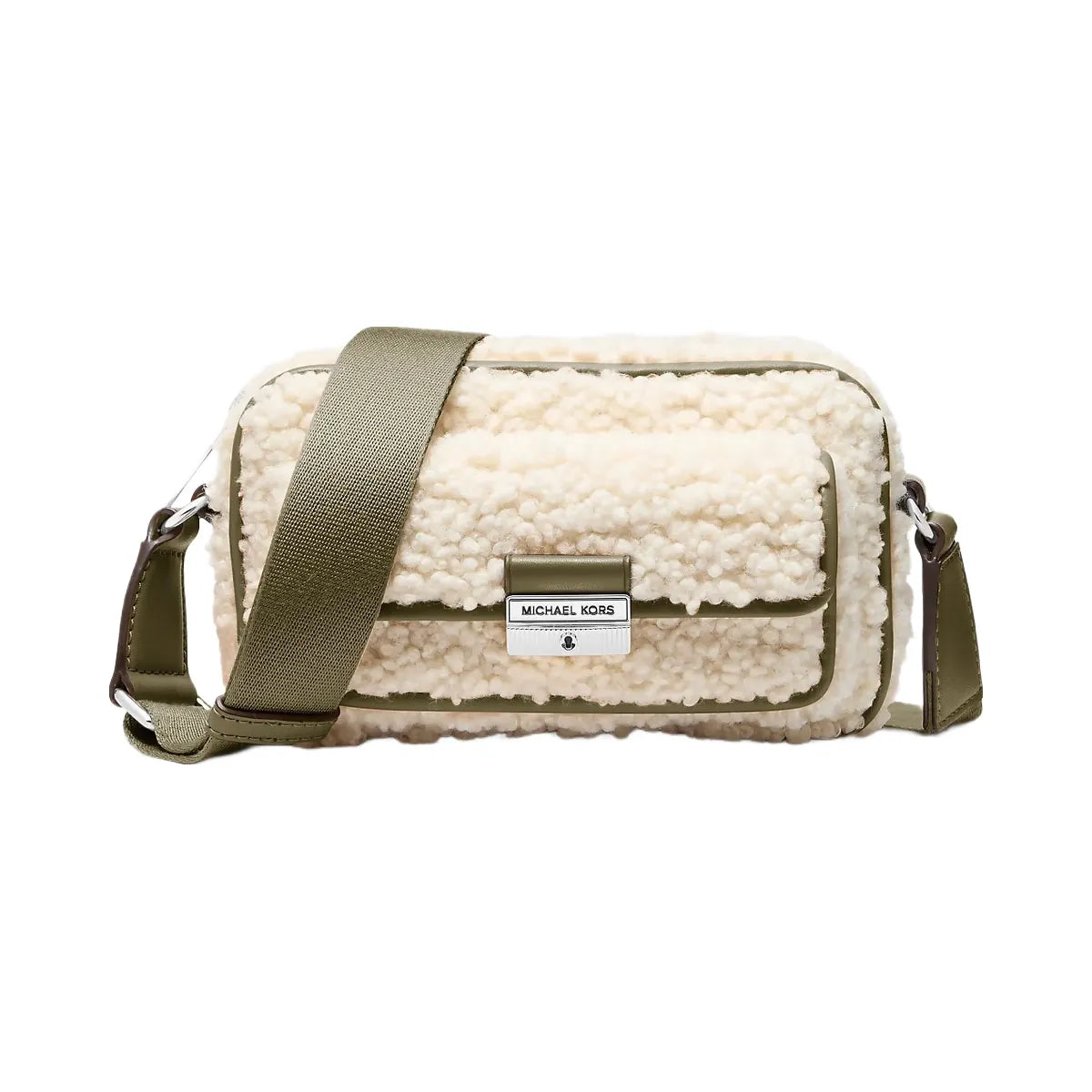 Michael Kors Bradshaw Extra-Small Faux Shearling Camera Crossbody Bag Olive