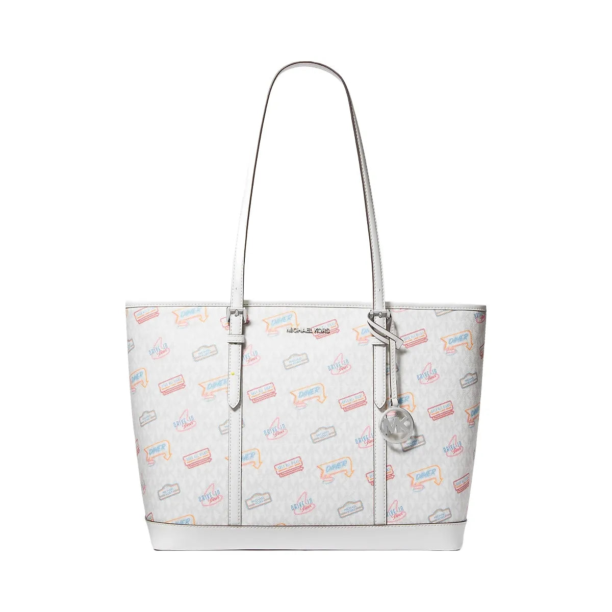Michael Kors Jet Set Large Printed Signature Logo Tote Bag Optic White