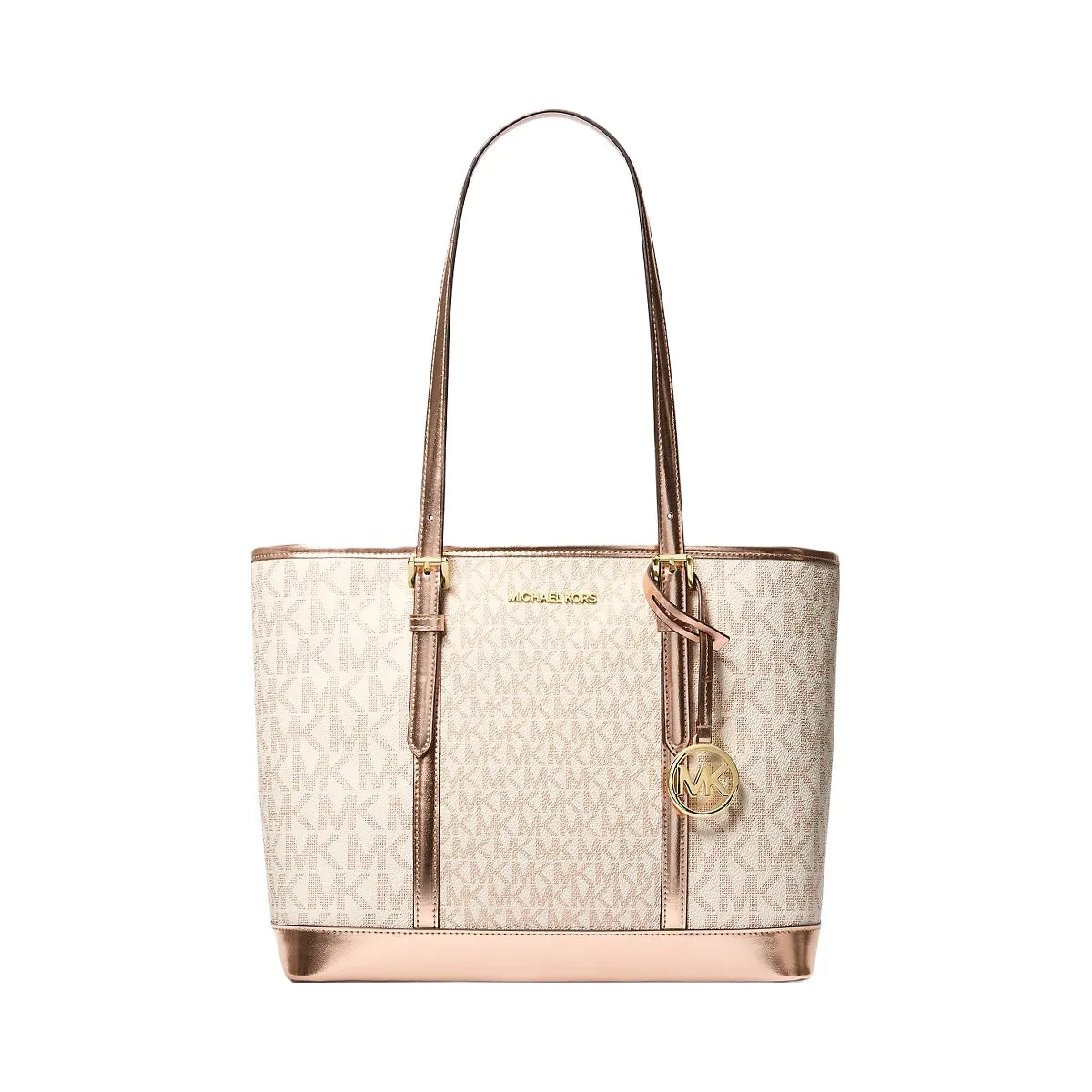 Michael Kors Jet Set Travel Small Metallic Logo Top-Zip Tote Bag Rose Gold