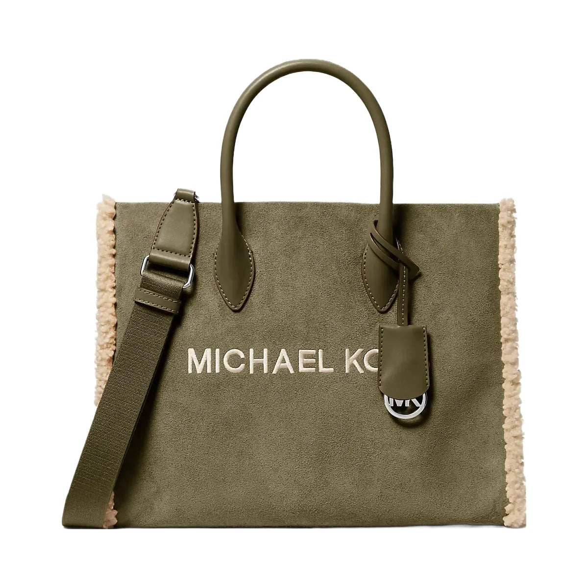 Michael Kors Mirella Medium Suede and Faux Shearling Tote Bag Olive