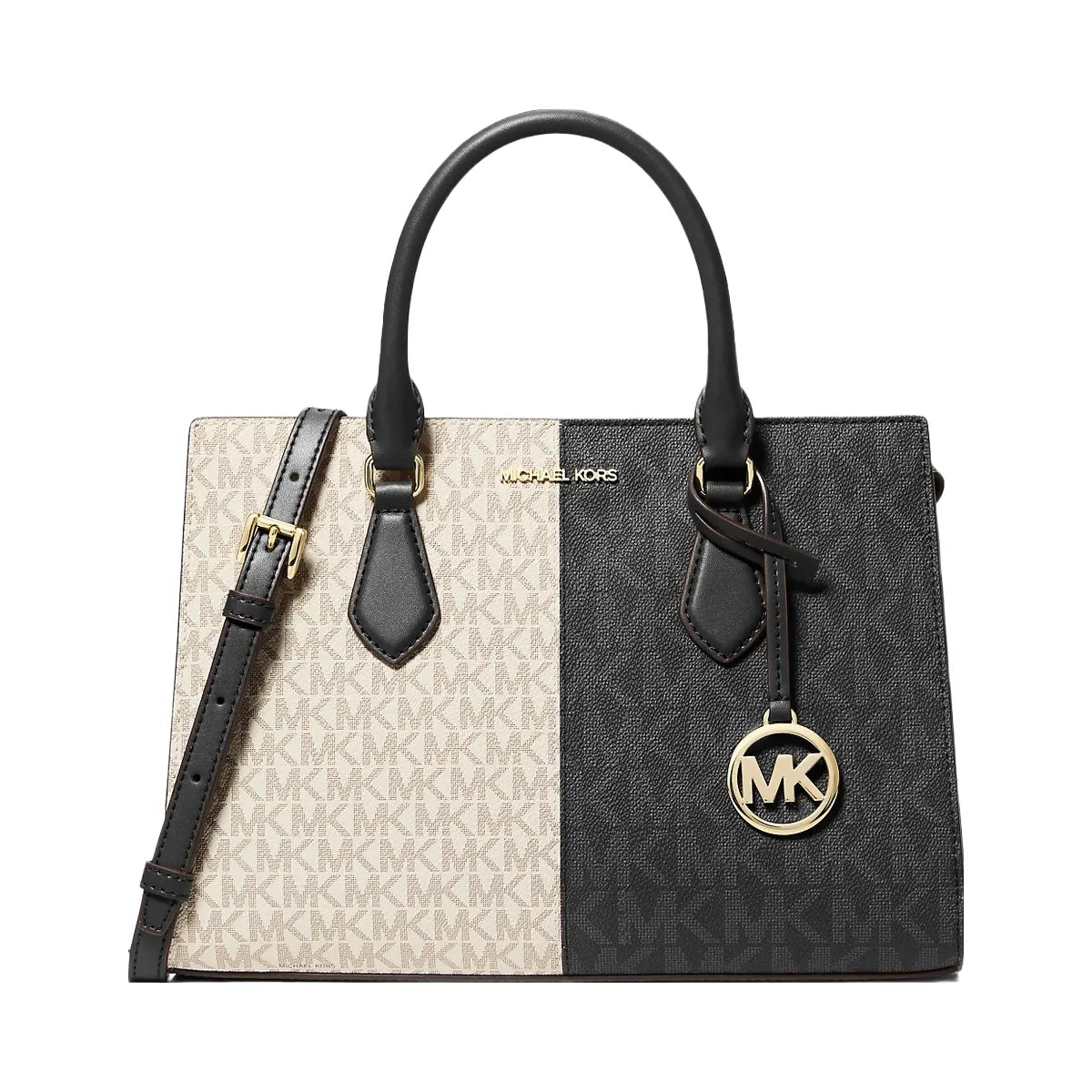 Michael Kors Sheila Medium Two-Tone Metallic Signature Logo Satchel Black Combo