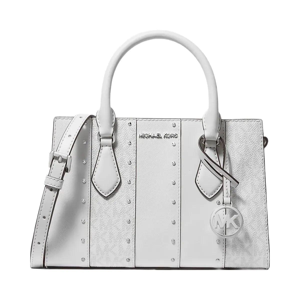 Michael Kors Sheila Small Studded Patchwork and Signature Logo Satchel Opwht Multi