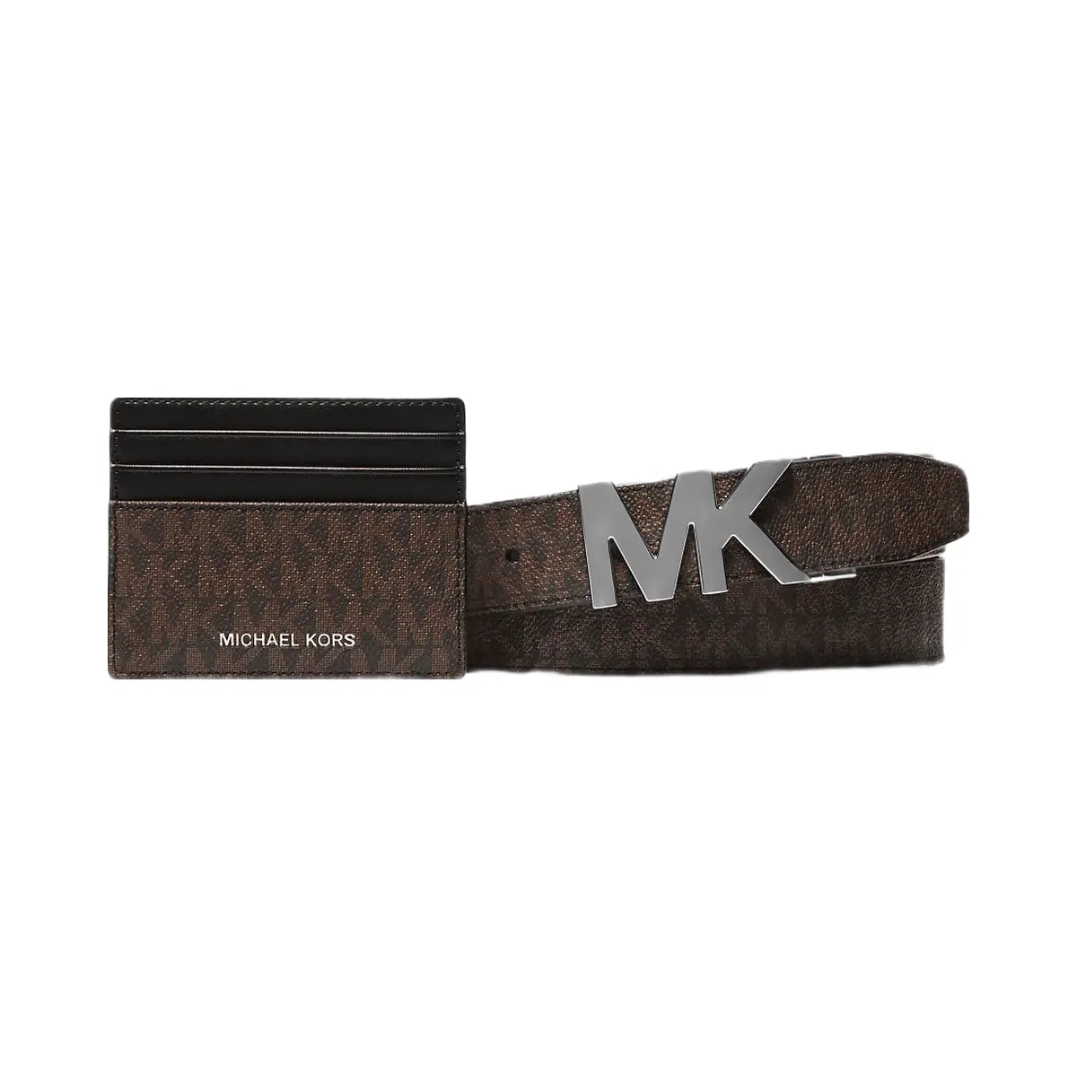 Michael Kors Signature Logo Card Case and Belt Gift Set Brown-Black