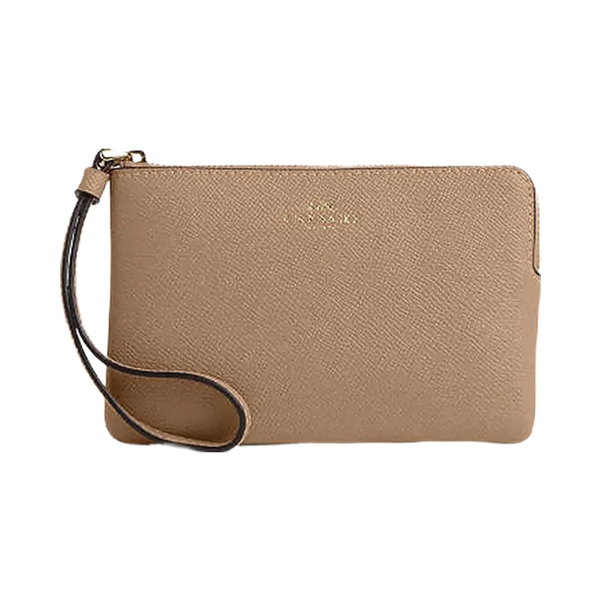 Coach Corner Zip Wristlet Crossgrain Leather-Gold-Taupe
