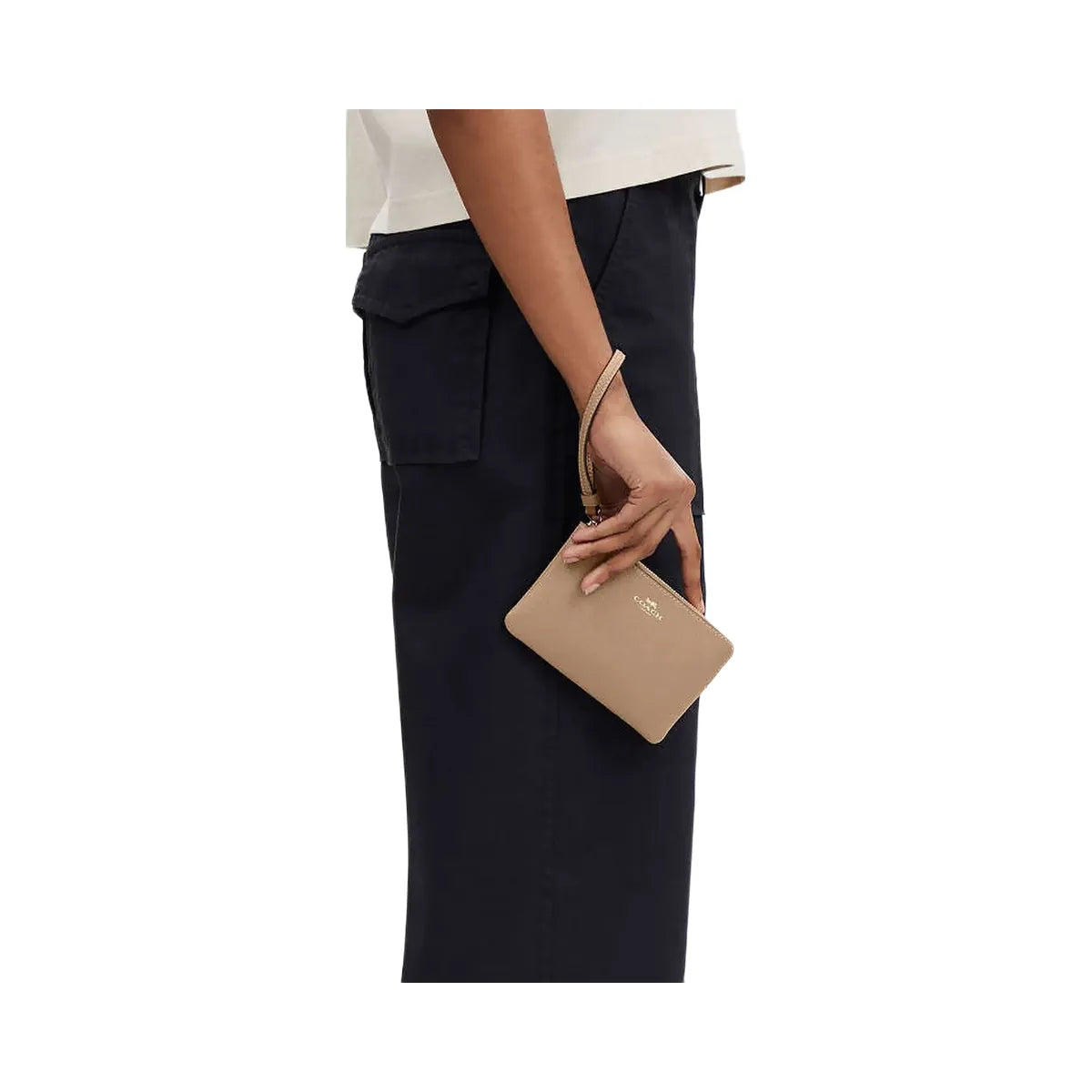 Coach Corner Zip Wristlet Crossgrain Leather-Gold-Taupe